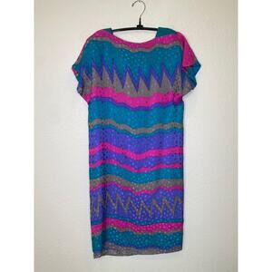 Vintage Flora Kung Silk 1980s Abstract Colorblock Granny Shift Dress Sz 6 Petite